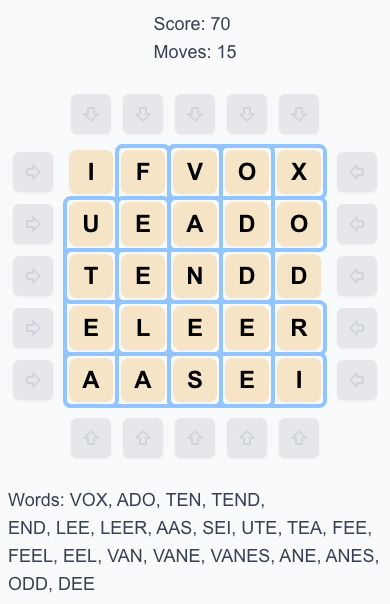 A game of Queuedle with a score of 70.